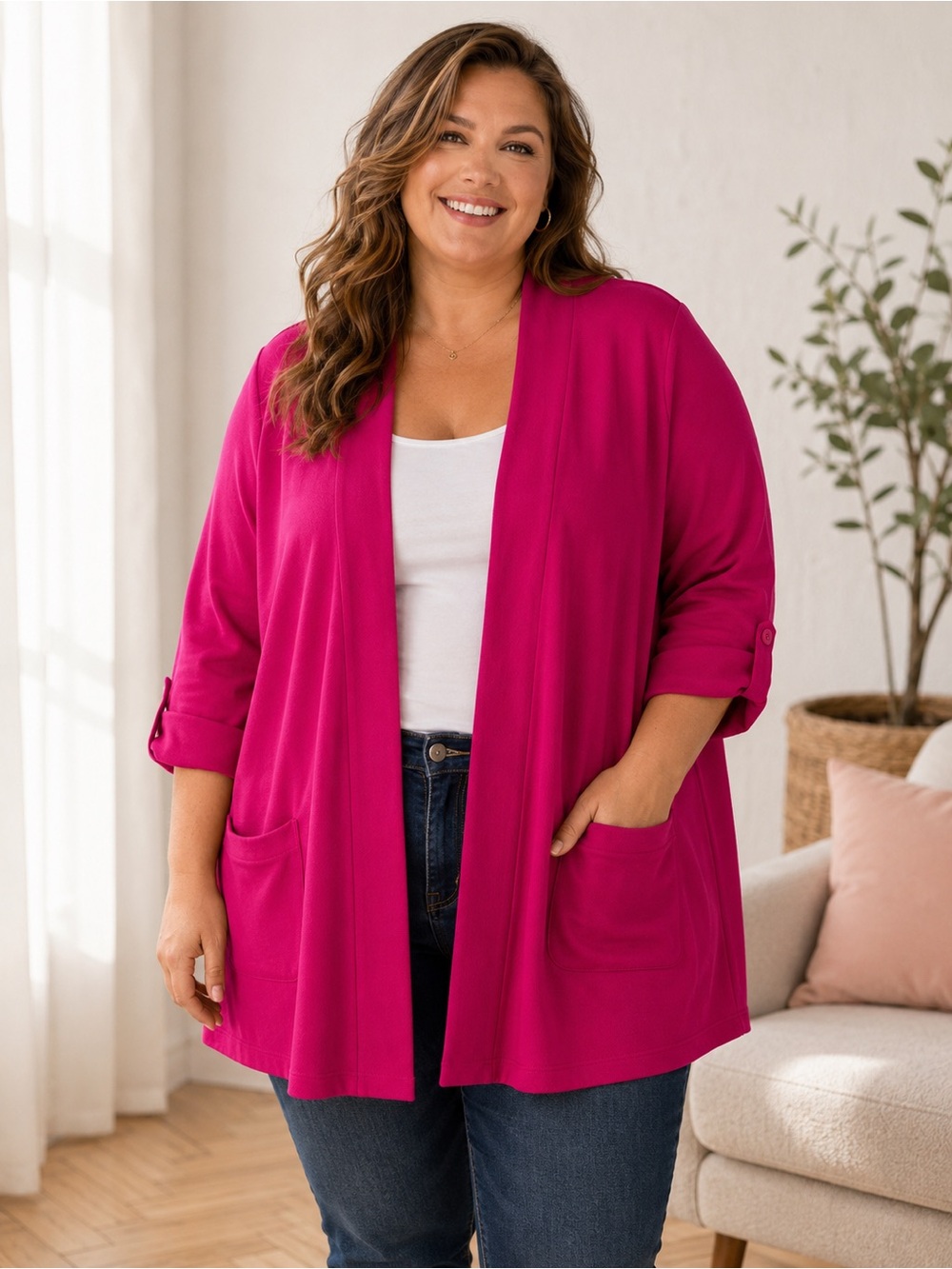 Rafaella Woman -  Fuchsia Pink Open Front Cardigan - Size 2X - 100% Cotton